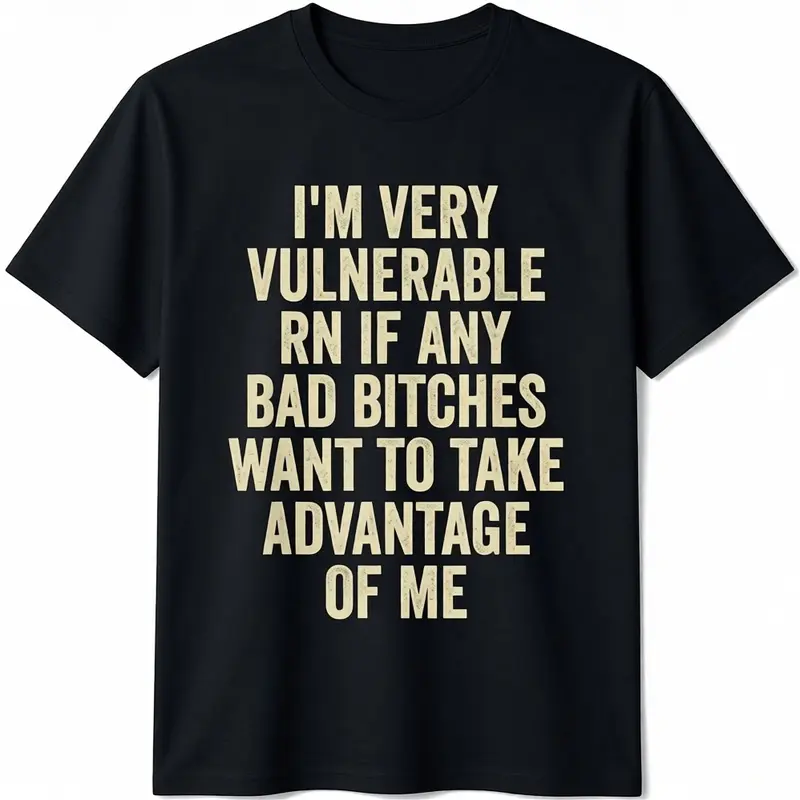 Men's 100% Cotton Short-Sleeve Round Neck Graphic T-Shirt - Vintage Distressed Menswear Streetwear Top with Vulnerable Bad Bitches Design, Casual Clothes, Tshirt