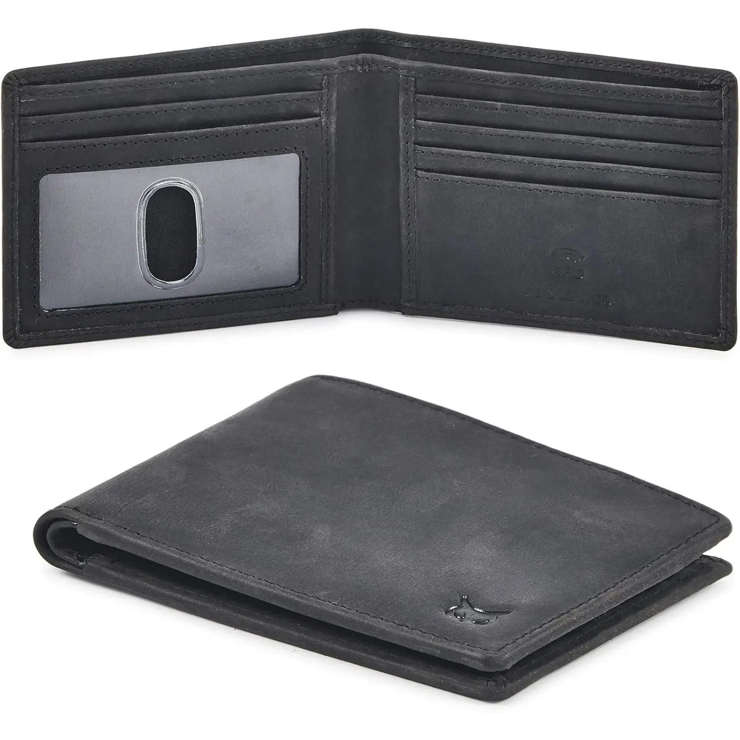 Real Leather Mens Bifold Wallet RFID Blocking Slim Minimalist Front Pocket - Thin & Stylish with ID Window in  Box (Crazy Horse, Black)