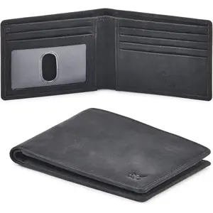 Real Leather Mens Bifold Wallet RFID Blocking Slim Minimalist Front Pocket - Thin & Stylish with ID Window in  Box (Crazy Horse, Black)