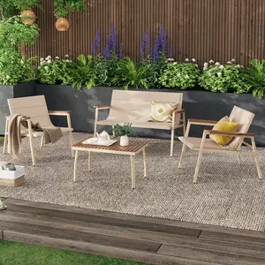 Suntone Modern 4-Piece Patio Conversation Set All-Weather Outdoor Furniture with Acacia Wood Table & Beige Cushions for Cozy Gatherings