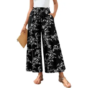 Women's Wide Leg Palazzo Pants Dressy Casual Gaucho Pants Elastic Waist with Pockets