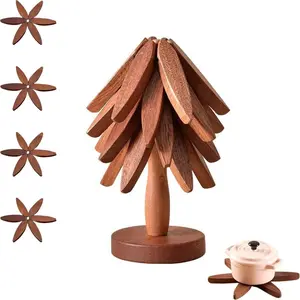 Wooden Trivets for Hot Dishes, Black Walnut Trivet, 4Pcs Natural Foldable Wooden Tree Trivet for Hot Dishes/Pot/Bowl/Teapot Holders (Walnut Wood Color),Christmas Party Home Furnishings, Set, Kitchen Coasters