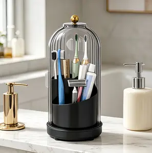 Black Edition 360° Rotating Dustproof Organizer with Removable Water Tray & 180° Sliding Door for Toothbrushes & Toiletries