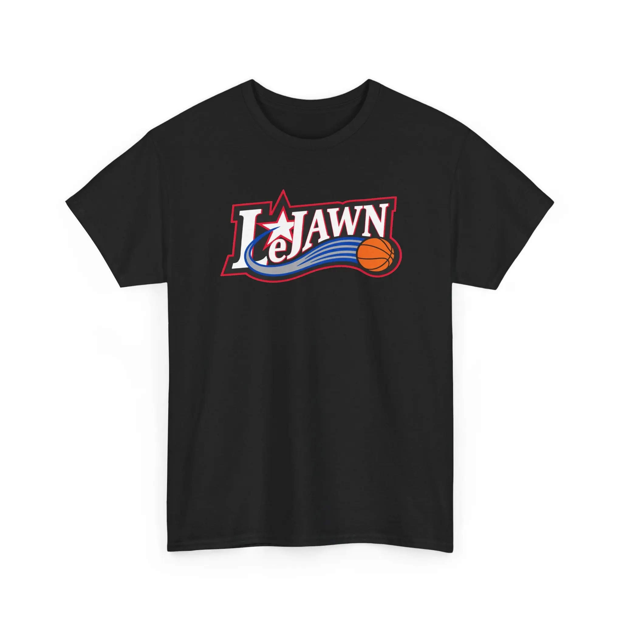 Crew‑neck short‑sleeve top with stylized letter logo, star element and flying‑basketball graphic print, fashionable sports‑themed unisex everyday‑wear shirt