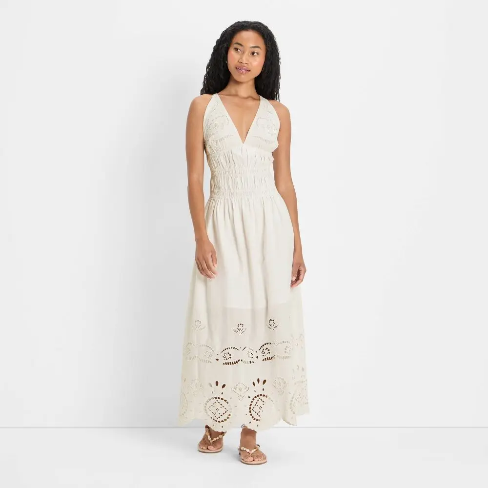 Women's Cotton Eyelet Maxi A-Line Dress - Adjustable, Elastic, Chic Casual Wear, Future Collective Women's Cotton Eyelet Maxi A-Line Dress - Adjustable, Elastic, Chic Casual Wear, Future Collective