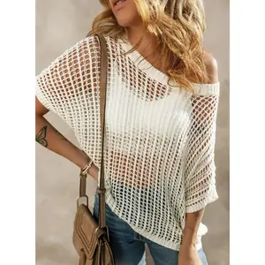 Women's Crochet Hollow Out Short Sleeve Sweater, Sexy Scoop Neck Knit Top, Casual See Through Boho Pullover for Summer Outfits and Date Nights