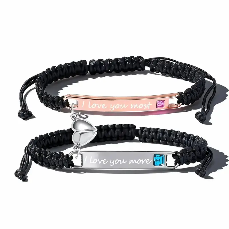 Handmade Couple Bracelet Set with Adjustable Braided Rope and Stainless Steel Engraved Heart Charm, Matching Jewelry Gift for Everyday Wear, Engraved Charm, Handmade Chain, Heart Motif, Dimensions, 6.5*7 Cm, Unisex Fit