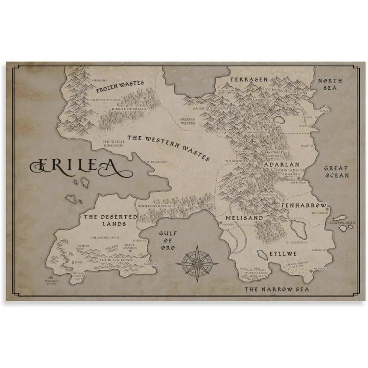 FGJERIO Vintage Throne of Glass Erilea Map Solid Wood Canvas Poster Wall Art Photo Frame, Modern-Design-Style Home Decor for Living Room, 20x30in (50x75cm) New Year Gift