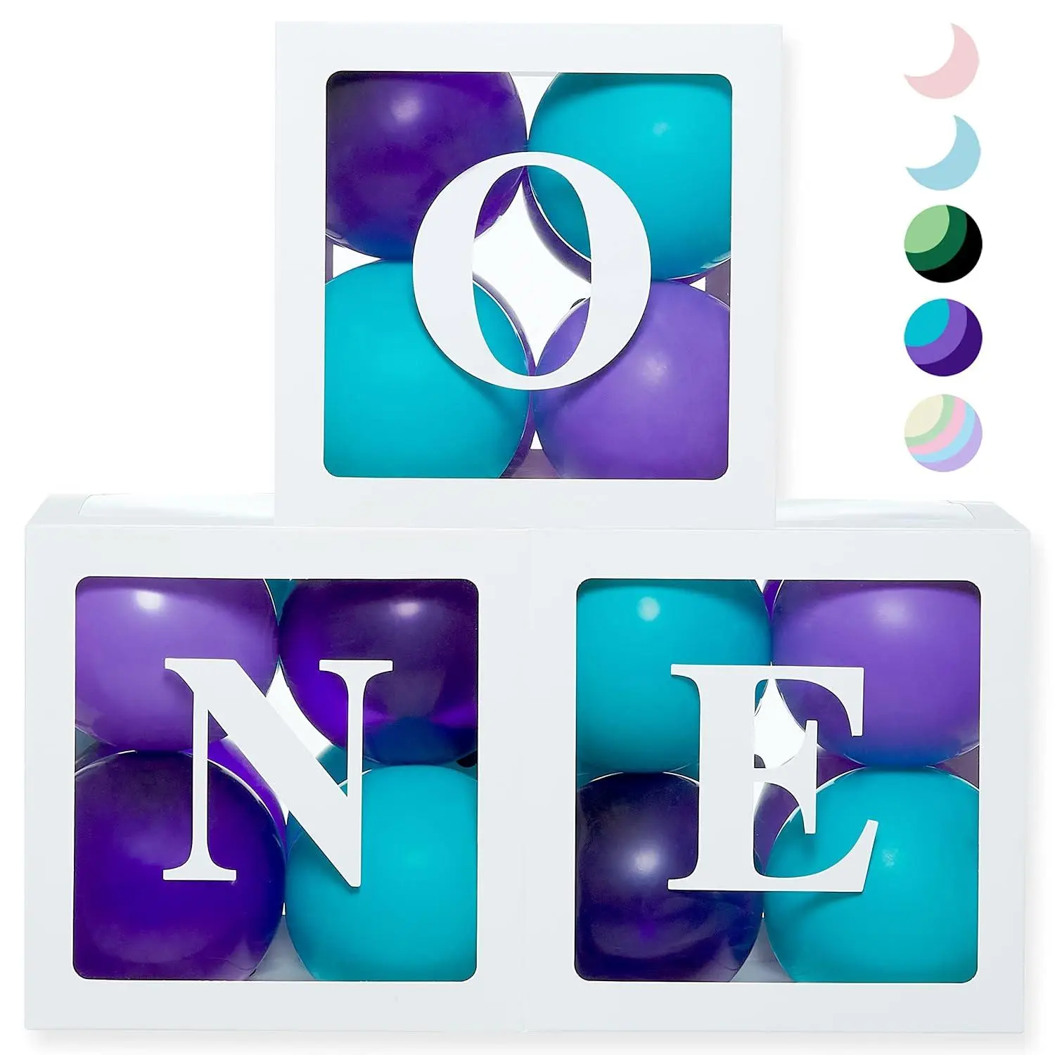 One Boxes For 1St Birthday With 24 Balloons For 1 Year Old Party - Baby First Birthday Decorations Clear Cube Blocks 'One' Letters As Cake Smash Photoshoot Props In Mermaid Theme Purple Tiffany Blue