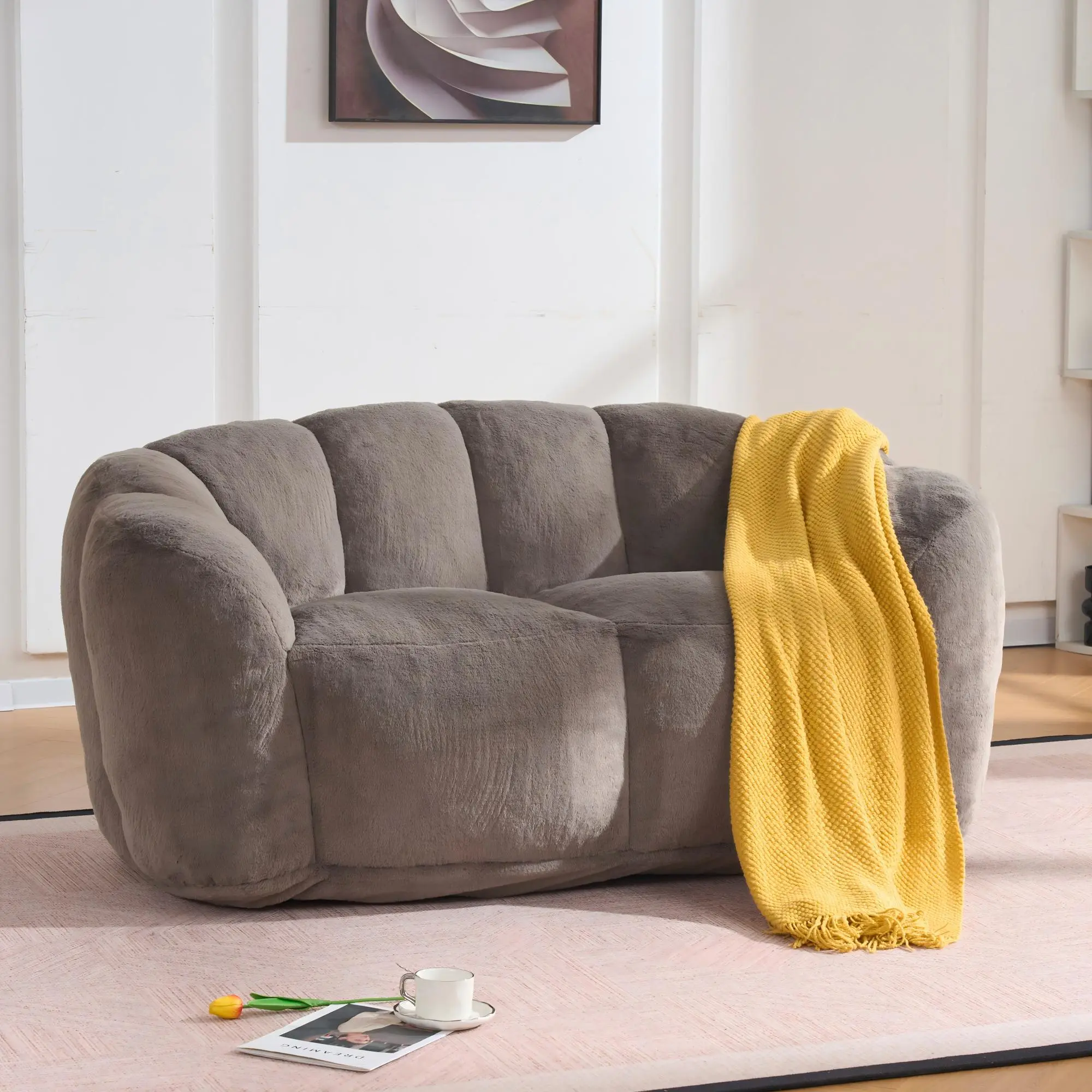 Two-Seater Floor Loveseat Bean Bag Sofa for Adults, Ultra Soft Faux Fur, High-Density Foam Filler, Cozy Reading Couch for Living Room Bedroom, Brown, 59x35.5x27.6 Inches