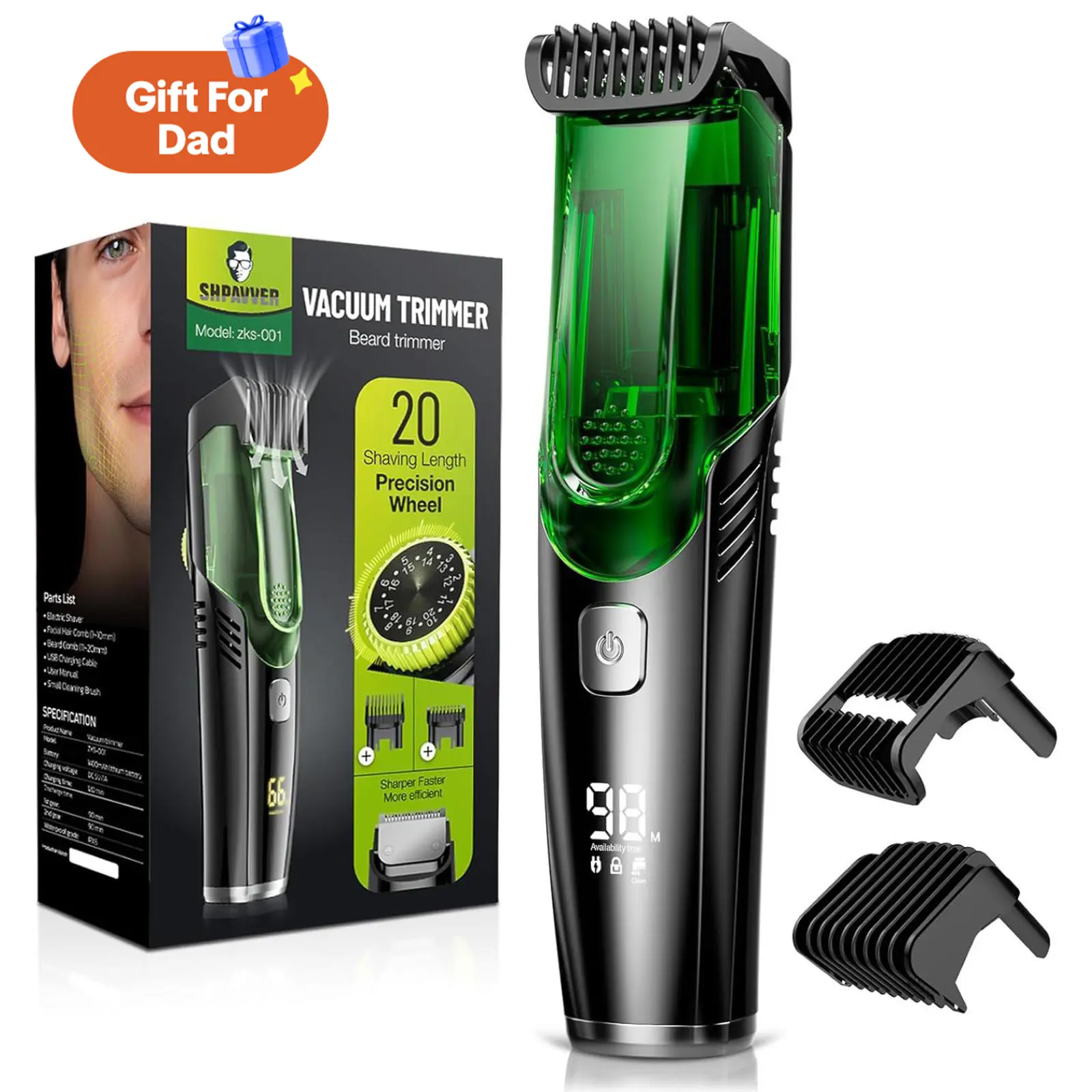 [FathersDayGift]SHPAVVER Vacuum Beard Shaver for Men,SHPAVVER Built-in Vacuum Trimmer for Mustache, Sideburns, Facial Hair, Rechargeable, IPX6 Waterproof, 2 Comb, Comfort face 2in1 Electric Razor rechargeable men 2025 ornament