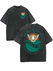 Retro Washed T-Shirt Double Sided Printed (230 Pure Cotton T-Shirt) 'ACTS 2:38 REPENT & BE BAPTIZED'  Letter And Patterns Print, Men's T-Shirt, Men's Casual, Comfortable, Fashionable T-Shirt, Street Style Cotto