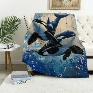 Orca Whales Ocean Sky Warm Lightweight Blanket Soft Fleece Throw Blankets All Seasons Sofa Decor Gifts BlanketFather's Day Thanksgiving Halloween Valentine's Day Holiday GiftsFather's Day, Thanksgiving, Halloween, holiday gifts for family and friends