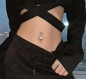 Double butterfly design belly button ring with 14G standard bar thickness (1.6mm), compatible with most navel piercings. The 10mm bar length features a secure threaded structure, bringing a refined vibe to daily body jewelry wear.