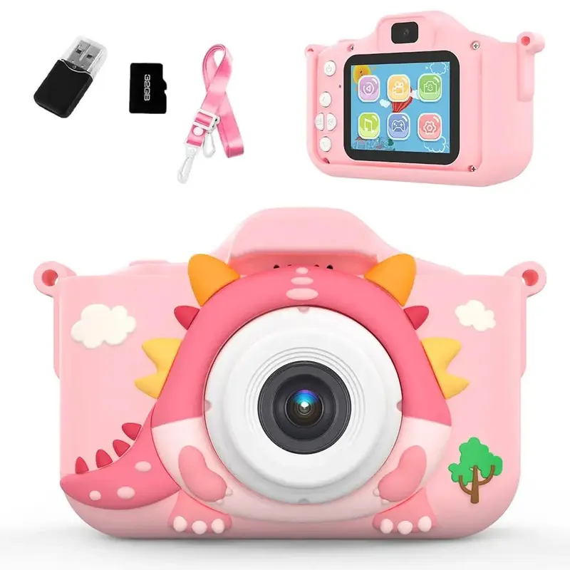 Silicone ABS Multifunction Kids' Cartoon Dinosaur Pocket Point & Shoot Toy Camera - 32GB Memory Card, Rechargeable, 5 Puzzle Games, Video Recording, Cool Gifts for Boys (Birthday/Christmas)