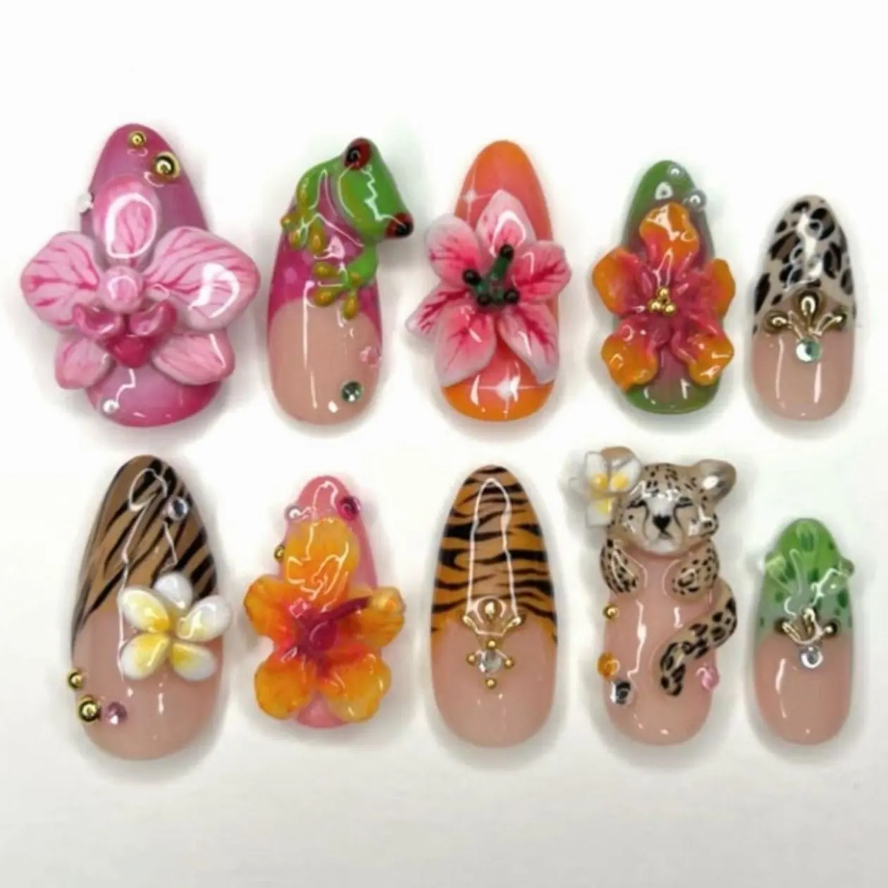 Handmade Jungle Safari Press On Nails, 3D Leopard, Frog, Tropical Hibiscus Flower, Tiger Stripe, Animal Print, Exotic Vacation Statement Nail Set
