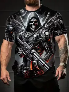 Men's Skull Soldier Pattern Shirt, Printed, Breathable Polyester, Short Sleeve Casual Round Neck, Training Shirt, casual sportswear, Fitness Outdoor Sports