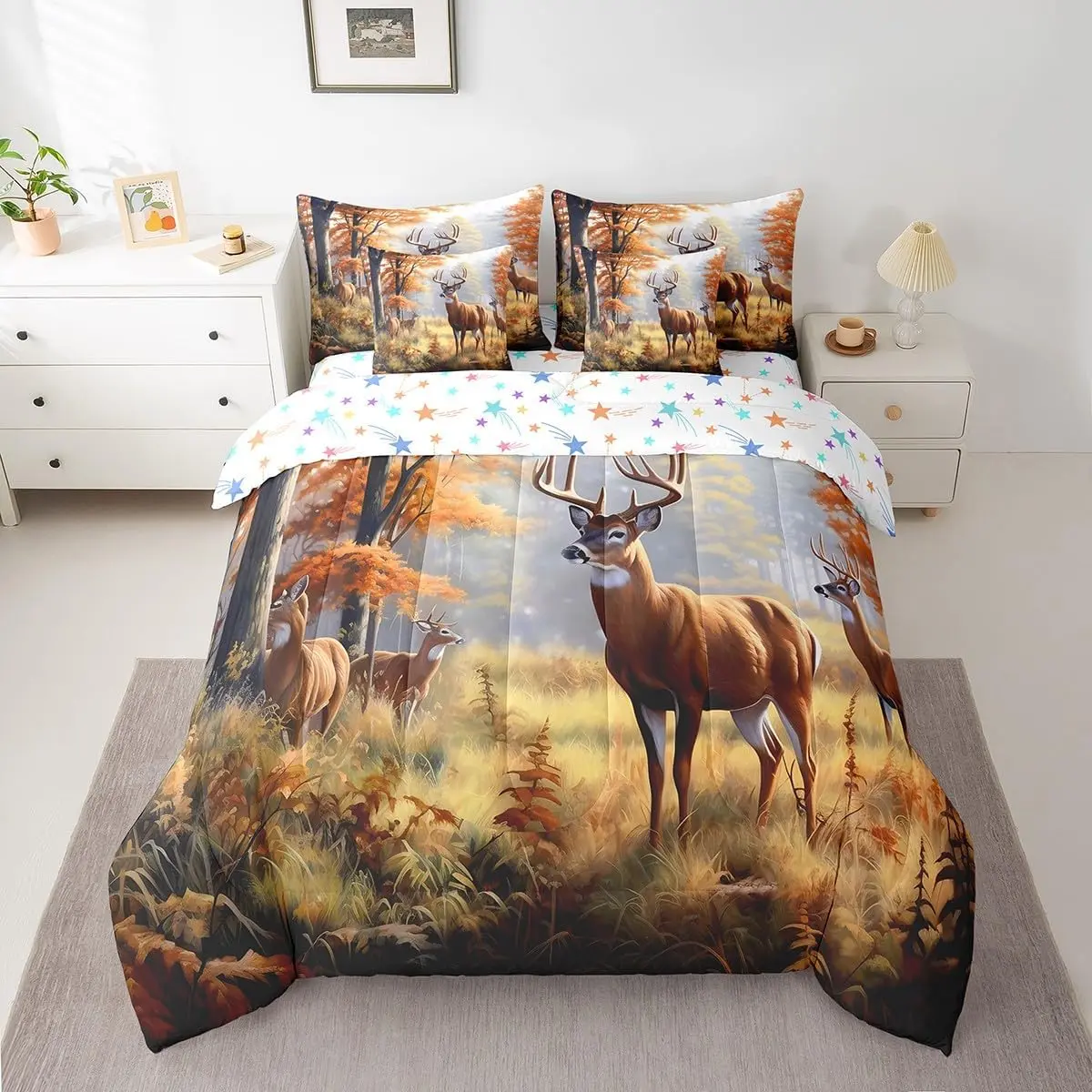 Feelyou 7-Piece Printed Deer Hunting Bedding Set - Deer & Antlers Comforter with Sheets, Western Farmhouse Style, Orange Accent Bedspread Set, Printed Bedding Set