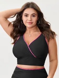 【Summer Turn-Up】【Tummy control】BlOOMCHIC Plus Size Color Contrast Embroidered Swim Top [1x-6x] 2026 Summer Pick for Mother's Day