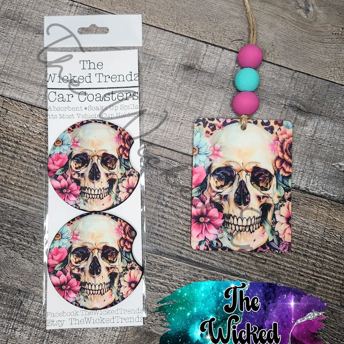 Skull Flowers Floral Rock N Roll Leopard Print Car Hanging Air Freshener Freshie Car Accessories Car Charm Matching Car Coasters Set Christmas Gift Stocking Stuffer