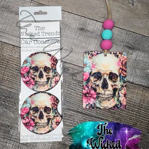 Skull Flowers Floral Rock N Roll Leopard Print Car Hanging Air Freshener Freshie Car Accessories Car Charm Matching Car Coasters Set Christmas Gift Stocking Stuffer