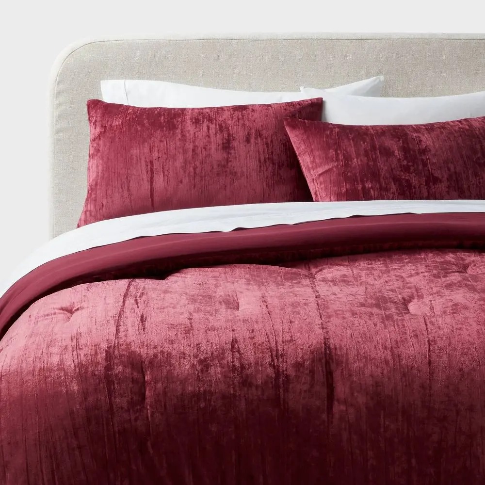 3pc Full/Queen Luxe Distressed Crinkle Velvet Comforter and Sham Set Berry Red - Threshold: OEKO-TEX Certified