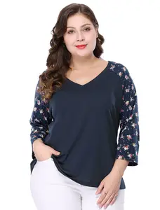 Agnes Orinda Plus Size V Neck 3/4 Sleeve Raglan Floral Print Top