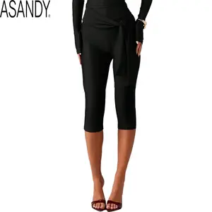 ASANDY Women High Waist Tie Front Ruched Waistband Capri Leggings Stretchy Yoga Workout Casual Pants Spring Summer