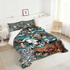 Western-Inspired Comforter Set, Bold HOWDY Design Bedding Set with Decorative Cow Skull and Floral Accents, Rustic Teal and Pink Colors, Perfect for Stylish Bedroom Decor, Includes 1 quilt, with 1 or 2 Pillowcase No Pillow Core, Boho Bed Set