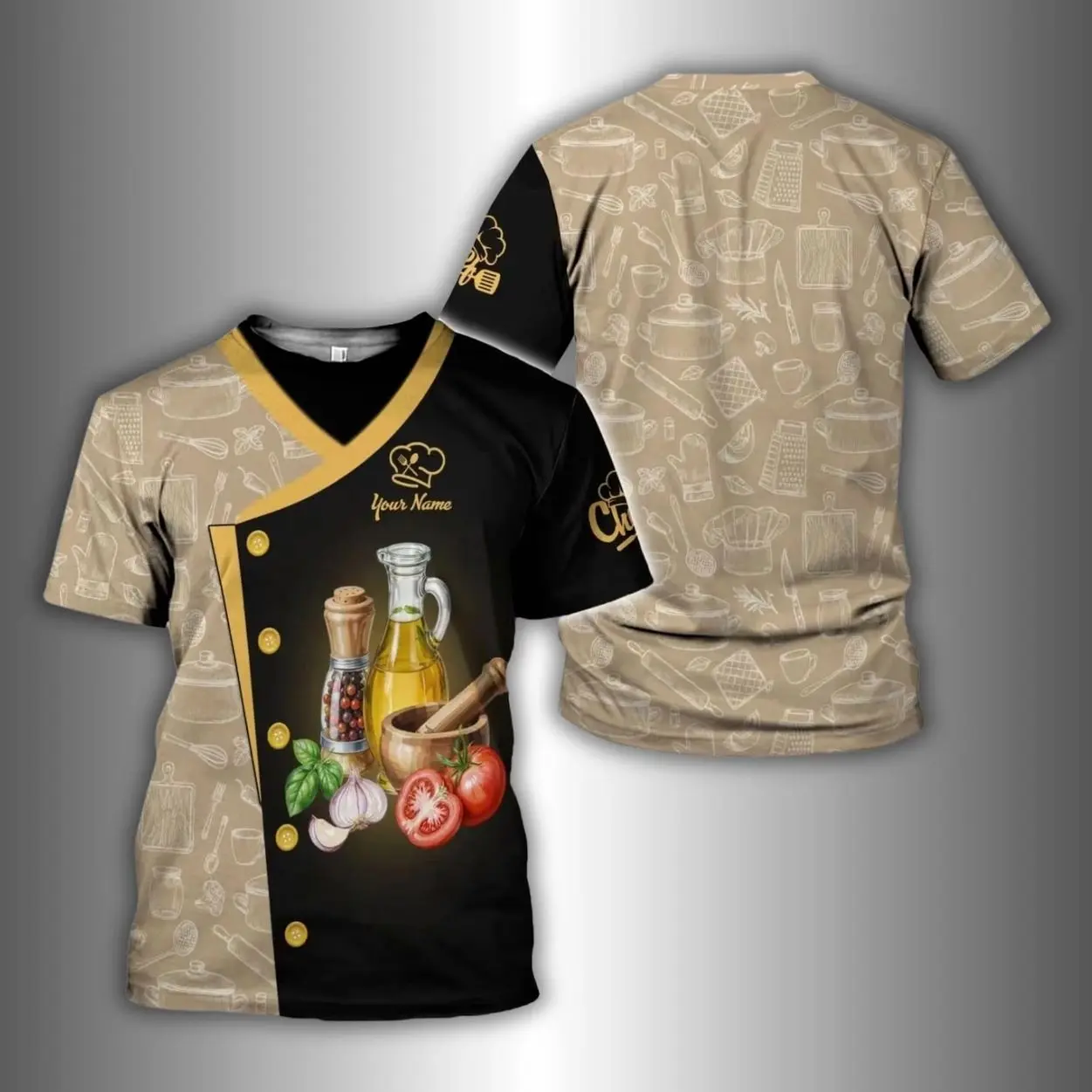 Personalized Chef T-Shirt, Kitchen Uniform Style, Olive Oil Graphic short-sleeve fashion QME