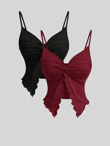 Women's Butterfly Print Tie Shoulder Bandeau Bra & Panty Bikini Set, Casual Adjustable Strap Swim Top & Swim Bottom, Ladies Swimsuit for Beach Holiday Vacation