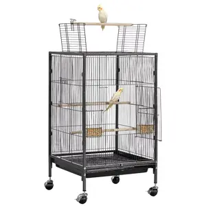 VEVOR Bird Cage, 18 x 18 x 30 inch, Open Flat Top, Wrought Iron Bird Flight Cage with Perches, Slide-Out Tray and Plastic Feeders, Casters, for Parrot, Blue Tit, Cockatiel, Canary, Budgerigar, Conure