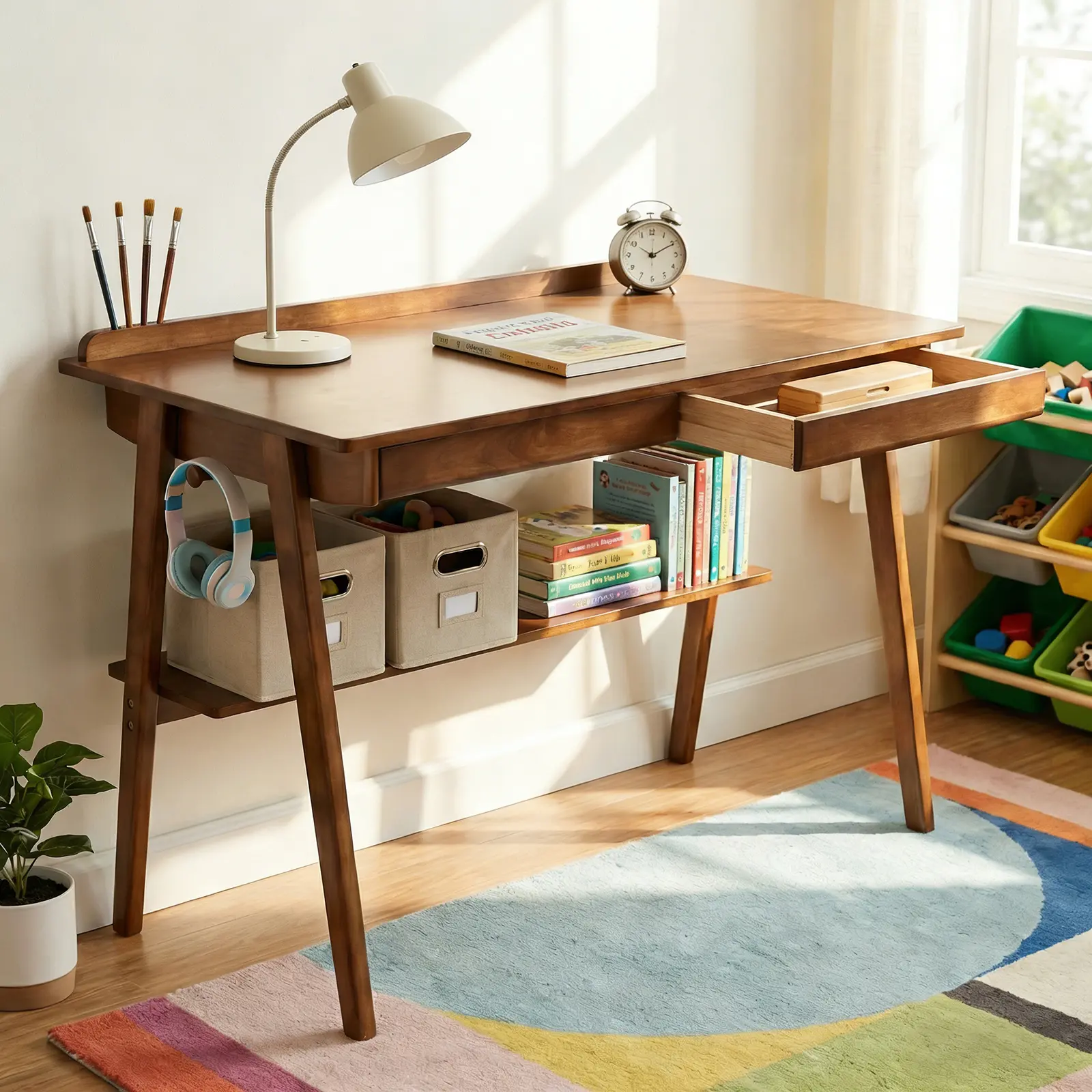 [Bellemave] Solid Wood Writing Desk, Home Office Desk for Small Spaces, Mid Century Modern Desks with 2 Drawers & Storage Shelf, Standing Desk with Side Hooks for Study, Bedroom, Office