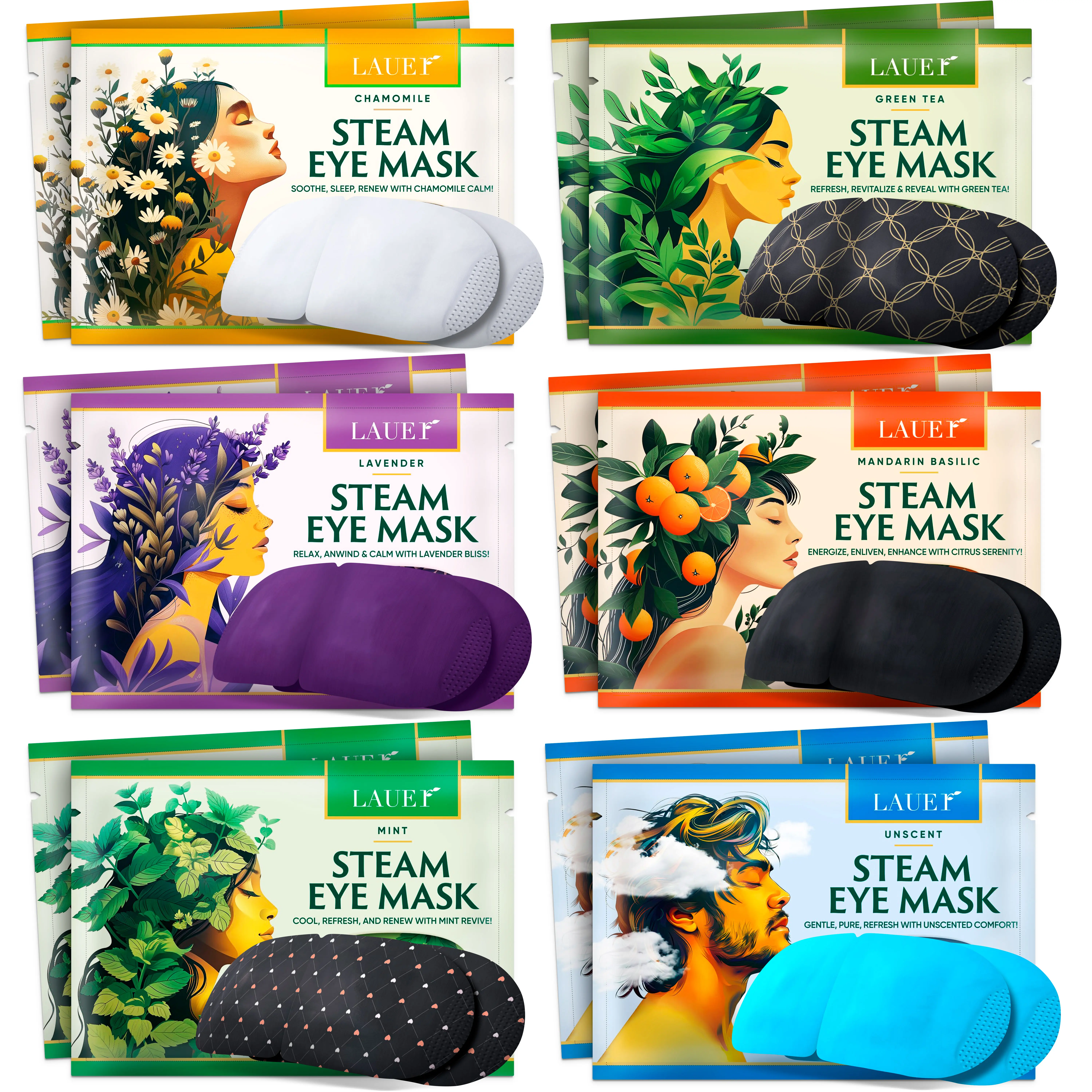 LAUER Self-Heating Steam Eye Mask, Disposable Warm Eye Compress for Relaxation & Eye Comfort, 30-Minute Gentle Heat, Travel Friendly Sleep Eye Mask, Lavender, Chamomile, Green Tea, Mint, Mandarin Basil & Unscented, Pack of 12 masks