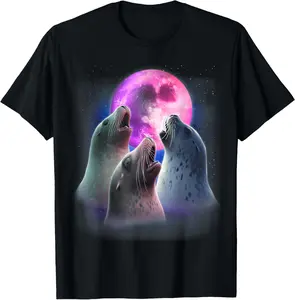 100% Cotton 3 Seals Howling At The Moon Funny Seal Sea Lion Animal Lover T-Shirt