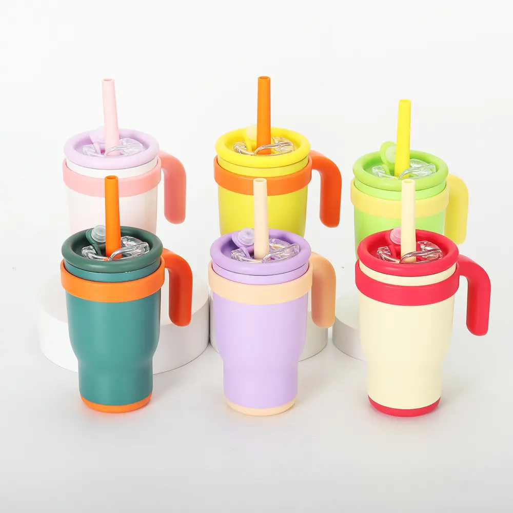14oz Color Block Straw Car Cup Tumbler Stainless Steel Insulated Handle Water Bottle for Children and Students Ideal for Boys and Girls