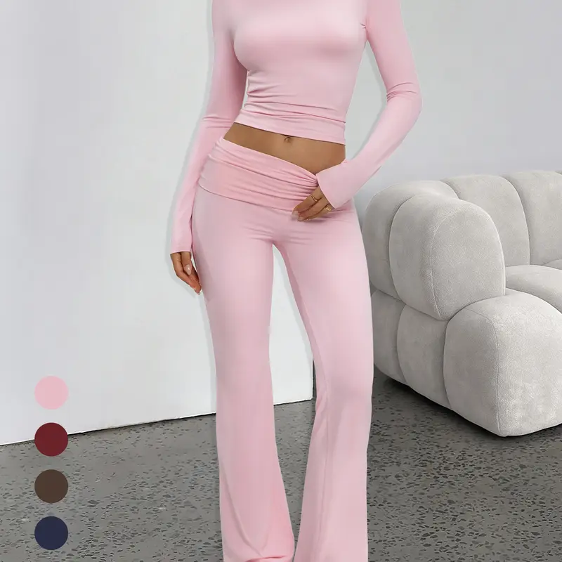 Tournesol Women's Minimalist 2 Piece Matching Pants Set, Soft Slim Fitted Boatneck Long Sleeve Top & Foldover Waist Wide Leg Trousers, Basic Casual Lounge Outfit for Daily Wear, Womenswear 030