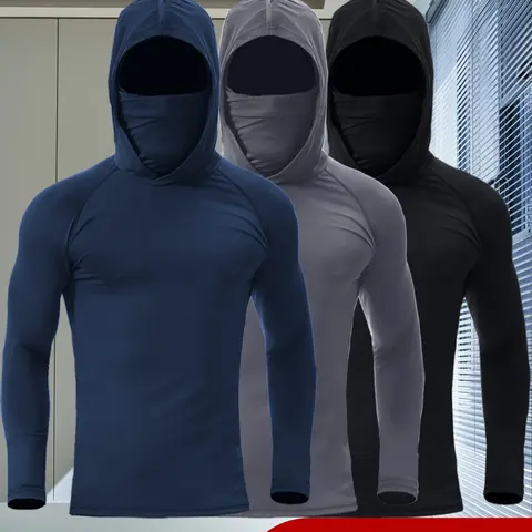 3-Pack Men's Duty Hooded Work Shirts Built-in Pull-Up Face Mask Long Sleeve Sun Protection Fishing Hoodie Breathable Outdoor Construction Workwear Glove-Friendly Regular Cuff No Thumbhole High Stretch Activewear Tops Block Dust Wind