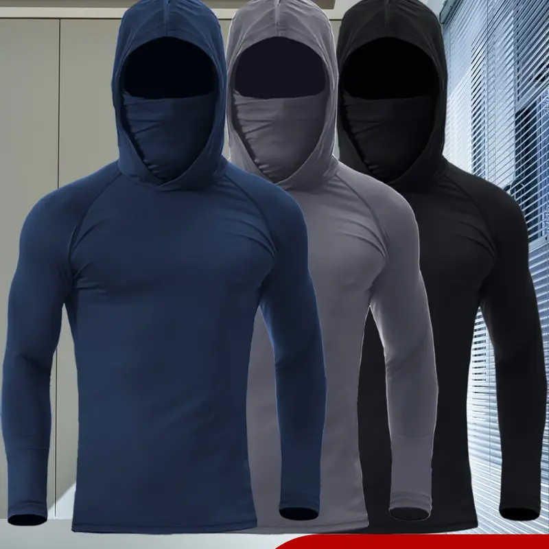 3-Pack Men's Duty Hooded Work Shirts Built-in Pull-Up Face Mask Long Sleeve Sun Protection Fishing Hoodie Breathable Outdoor Construction Workwear Glove-Friendly Regular Cuff No Thumbhole High Stretch Activewear Tops Block Dust Wind