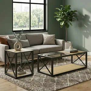 Modern Industrial End Table Side Table, 17.72"L×17.72"W×21.07"H, Tempered Glass & MDF with Metal Frame for Bedroom Home apartment