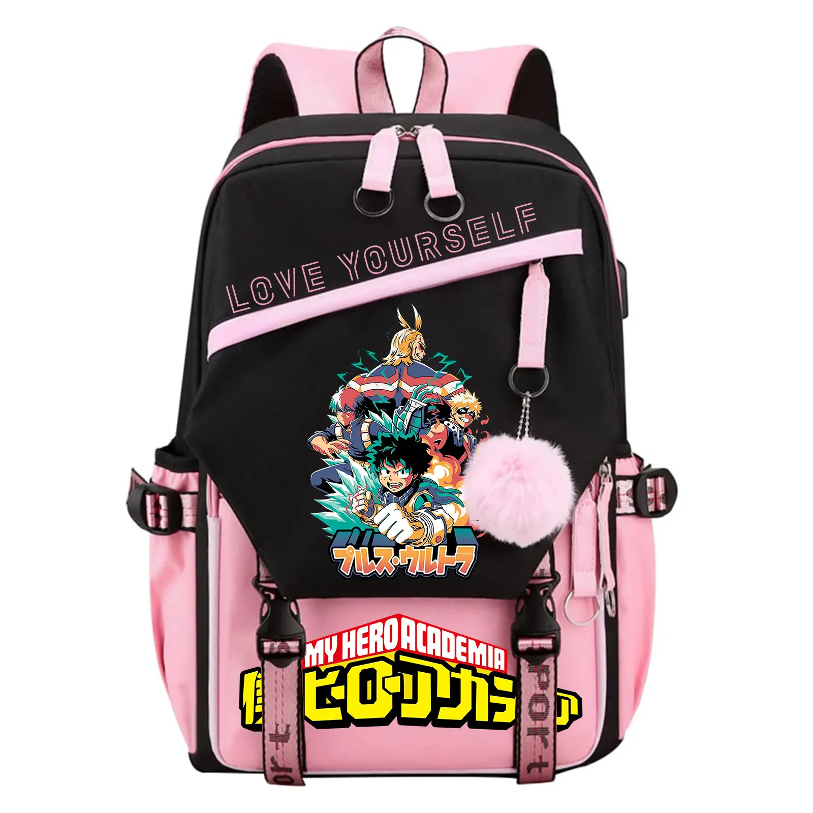 Unisex My Hero Academia Cartoon Character Oversized Backpack, Water Resistant Fashion Durable High-Capacity Multi-Compartment Casual Daypack for Adults, Portable Outdoor Travel Laptop Bag - Pink