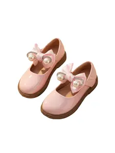 Girls' PU Leather Mary Jane Shoes, Pearl Bowknot, Lolita Style, Soft Sole Flat Shoes, Vintage Princess Shoes for All Seasons, Mary Jane Flats, Bowknot Design Flats, Flat Bottom Shoes