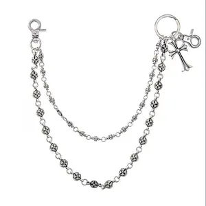 Dark-style fashion versatile bag chain with round beads and cross pendant, waist chain for men's jeans cuban link autumn rapper chain gift chain accessory modern