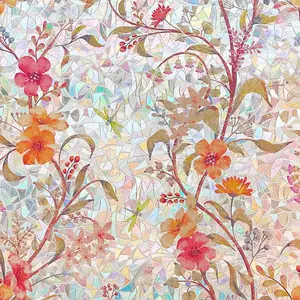 Stained Glass Window Film Static Cling Door Privacy Film Decorative Flowers Red Leaves Window Decals Stickers Heat Control Anti UV for Home and Office,17.5 inches by 78.7 inches