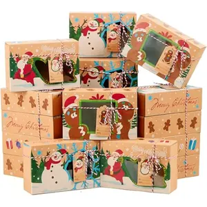 24 PCS Christmas Cookie Gift Baking Box 8.75" x 5.75" x 2.75 with Window Auto-Popup, Xmas Holiday Treat Boxes Containers with Tags for Party Favor Pastries, Cupcake, Brownies, Donut Gift-Giving