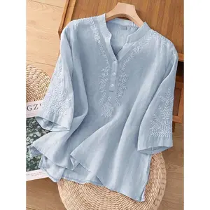 Women's Solid Color Asymmetrical Embroidery Casual Linen Blouse, Loose Fit For Spring And Summer