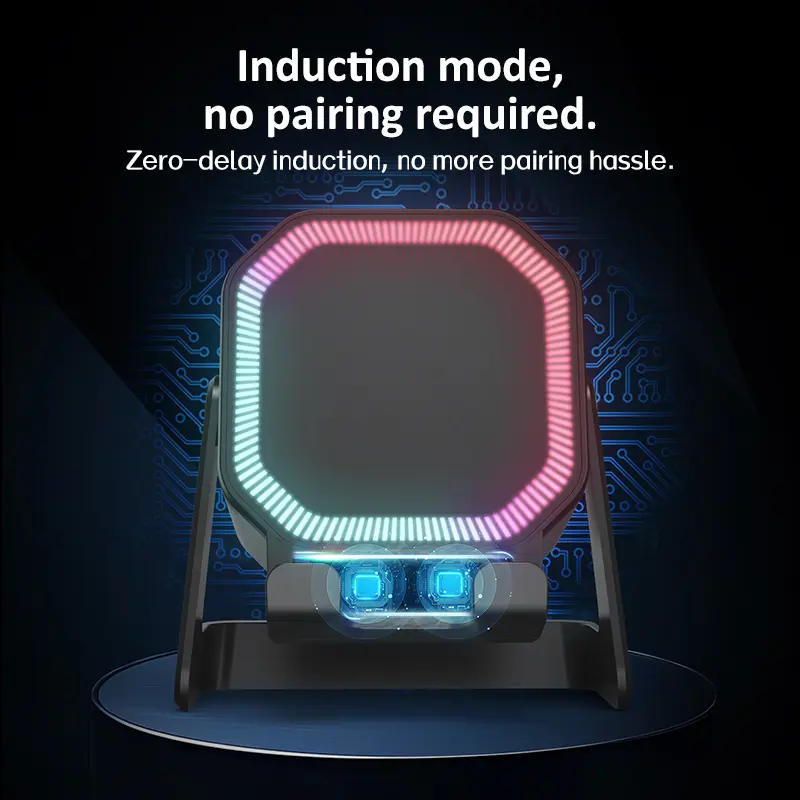 5-in-1 Wireless Coil Power Mobile Speaker Stand - Portable Adjustable Mount for iPhone Series, 1500mAh Built-in Cells, 360° Rotatable, Color Changing Ambient Lighting, Upgraded Dual Induction Channels, Smart Tech Home Gadget Accessory, Batteries