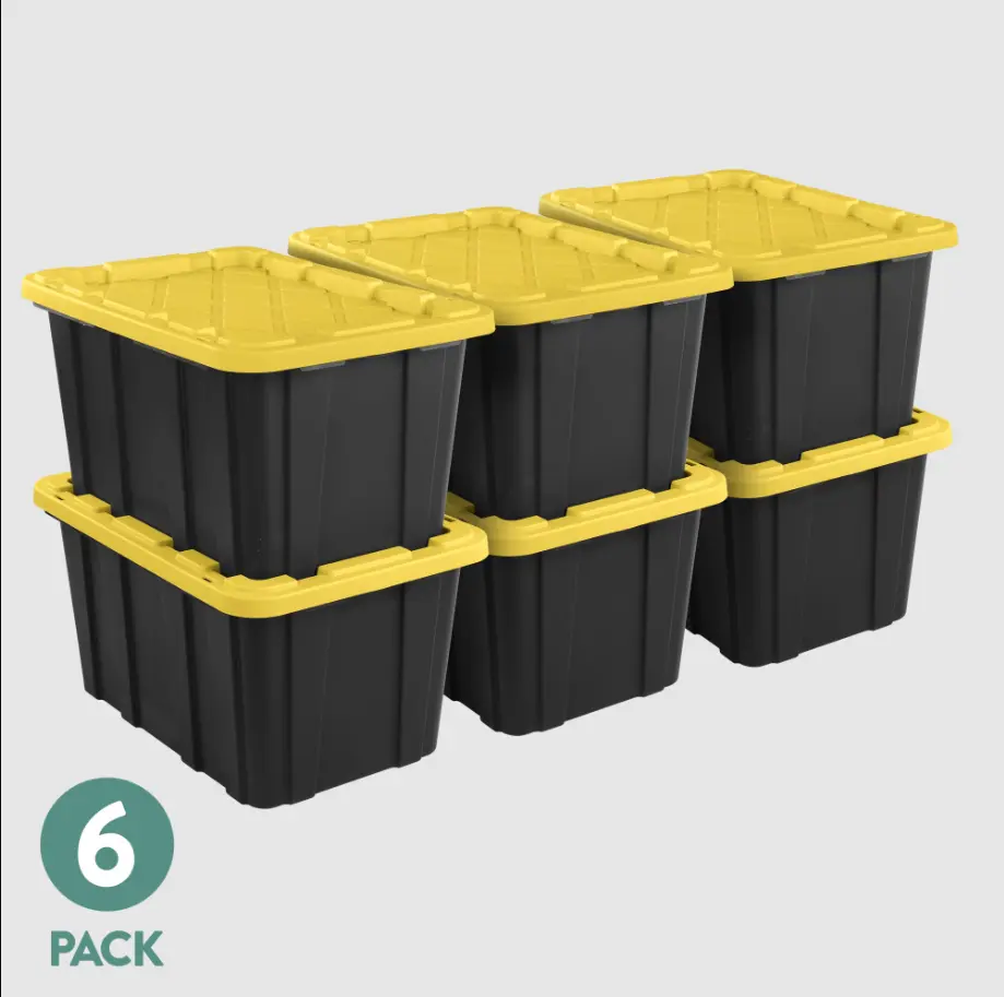 Sterilite Large Storage Bin, 27 Gallon Durable Plastic Storage Tote with Snap-On Lid, Black and Yellow, 6 Pack