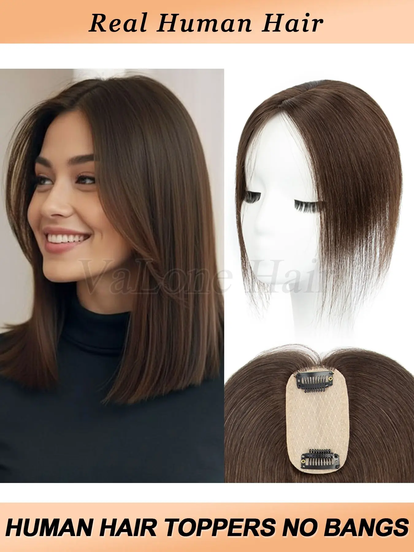 Real Human Hair Straight Toppers Extensions without bang for Women Hide Bald Spots or White Hair, Increase hair volume, 5x9cm Base Breathable Mesh, Easy to wear, suitable for daily or various occasions, No Bangs, Daily Use, Natural Looking Hair