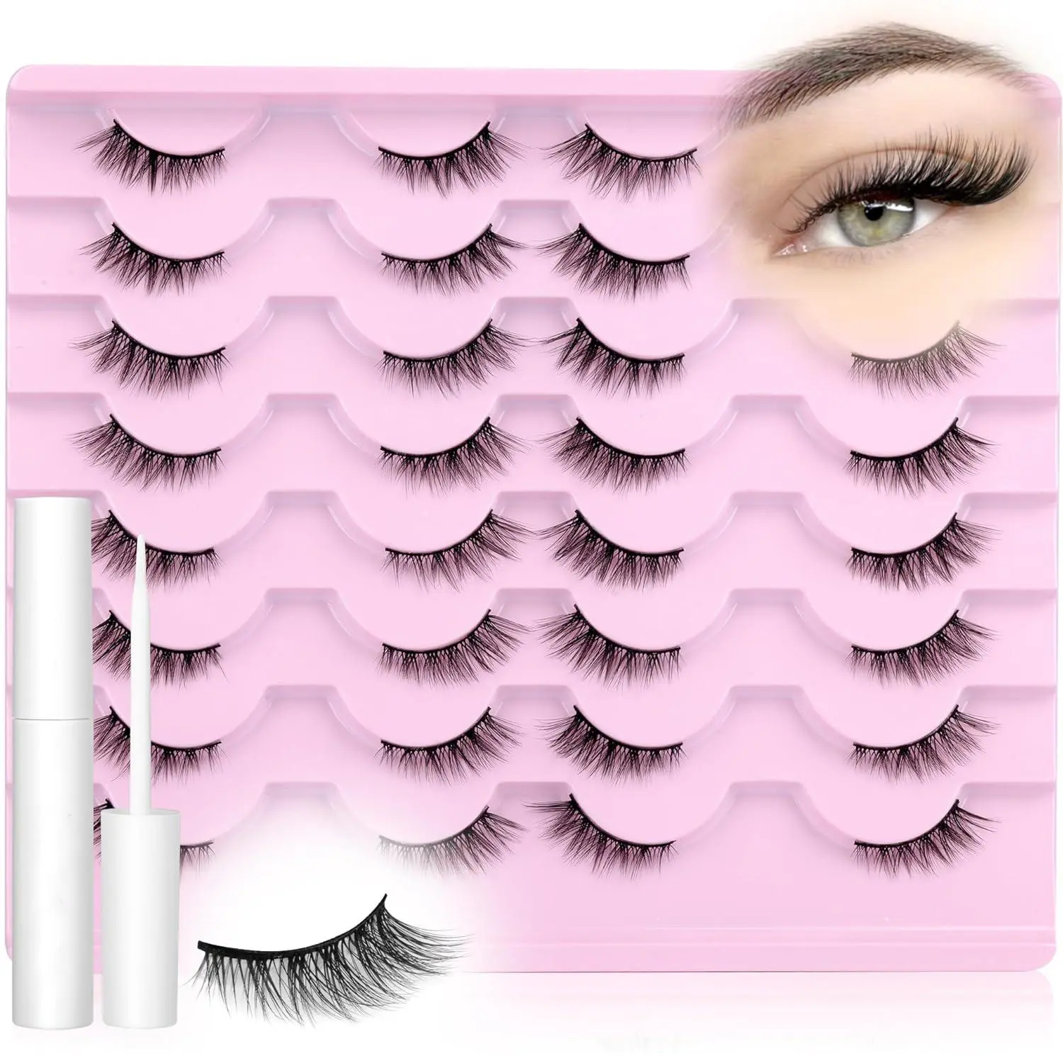 False Eyelashes with Eyelash Glue, 16 Pairs Natural Look Eyelash Extensions Set, Self Grafting Curl Eyelashes, Eye Makeup Product, Eyelashes Makeup Cosmetic for Women & Girls, Diy Eyelash Extensions, Beginner Friendly Lashes